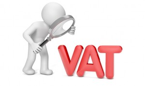 Render of a man with a magnifying glass looking to the text VAT